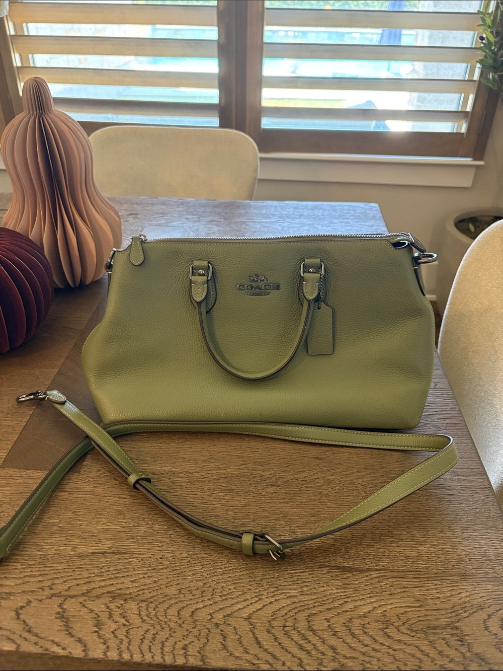 Coach Olive Green Pebble Leather Satchel with Detachable Strap